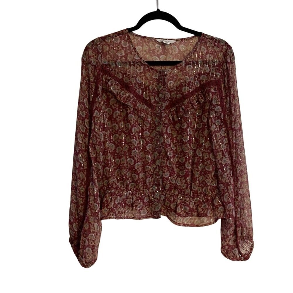 American Eagle Women SZ L Burgundy/Gold Metallic L/S Button Up Elastic Waist Top